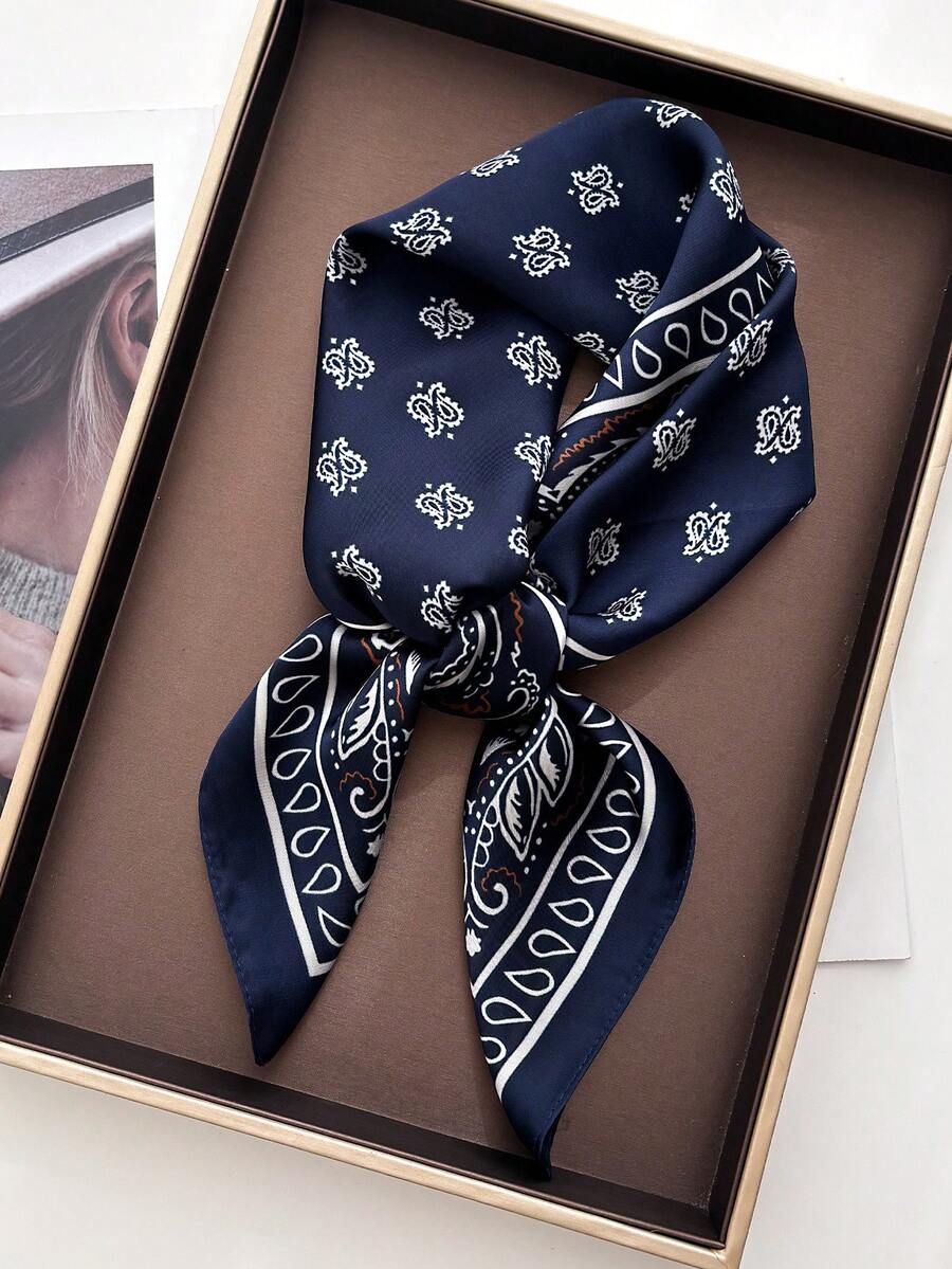 1pc 70*70cm Square Silk Scarf, Women's Satin Printed Headscarf, Neckerchief, Headband, Fashion Ladies Shawl, Scarf - Navy Blue - View 1
