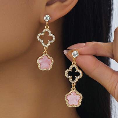 1 Pair Luxury Elegant Shiny Hollow Four-Leaf Clover & Five-Leaf Clover Pendant Earrings, Suitable For Summer Beach Wear