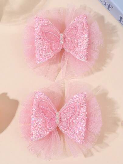 2 piezas Lazos de pelo con mariposas de purpurina rosa para niñas, con acentos de tul iridiscente y perlas falsas, pinzas de cocodrilo, accesorios de pelo delicados y soñadores para bodas, eventos nupciales y ocasiones especiales