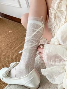 1/2雙女款素色透膚針織襪，蝴蝶結裝飾；時尚透氣網眼長襪，蕾絲滾邊，芭蕾風白色鬆口襪，可愛緞帶中筒襪；甜美蘿莉塔透膚針織襪，適合日常休閒穿著；夏季薄款鏤空針織襪，柔軟舒適女款絲襪，蘿莉塔風蕾絲中筒襪1雙，輕盈夏季款，蝴蝶結裝飾，日系高中女學生襪，Y2K風格，舒適，超薄絲滑感，四季可穿，展現時尚 - 彩色 - 查看 7