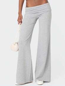 Fold Over Yoga Pants For Women Elastic Waist Low Rise Straight Leg Sweatpants Y2k Solid Color Stretchy Loose Gym Lounge Leggings Back To School Clothes For Teen Girls - 灰色 - 查看 4
