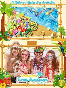 16pcs Hawaiian Theme Party Decorations: Paper Funny Glasses, Tropical Costume Props, Photo Booth Decor - Suitable For Summer Parties, Beach Themed Events And Party Favors (Assorted Styles) - 彩色 - 查看 3