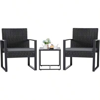 3 Pieces Outdoor Patio Wicker Furniture Set, Modern Rattan Chair Conversation Sets With Coffee Table For Yard And Bistro