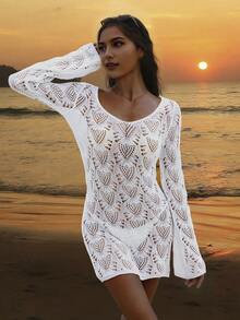 Women's Summer Beach Vacation Bohemian Music Festival French Elegant Sexy Hollow See-Through Chiffon Backless Long Sleeve Crochet Cover-Up Dress Skirt, White - White - View 4