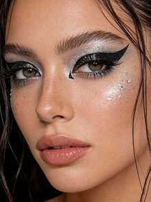 1张眼部临时纹身贴纸 - 黑色闪光翅膀和几何图案，细腻闪光质地，防水持久，亲肤，适用于舞台/派对/创意妆容，个性化精致眼部装饰，高性价比闪亮眼部彩妆临时纹身贴 - 黑色 - 查看 4