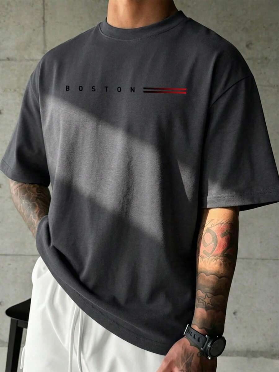 Krometka Men's Casual Versatile Simple English Slogan Printed Short Sleeve T-Shirt - Dark Grey - View 1