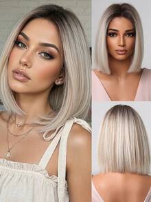 Omber Ash Gradient Blonde Wigs Short Straight Layered Bob Wig Medium Part Ombre Dark Roots Ash Golden Wig Heat-Resistant Synthetic Wig For Women Daily Suitable For Fashionable Women 10 Inch - Linen Gold - View 3