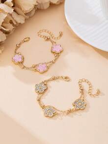 2件套优雅经典时尚水钻粉色四叶草多层手链套装（由于手工切割，珠子数量可能略有不同，但固定长度确保佩戴舒适） - 粉色 - 查看 3