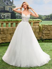 Váy cưới voan mỏng lãng mạn, dây mảnh, ren - Váy cưới thanh lịch - trắng - Xem 2