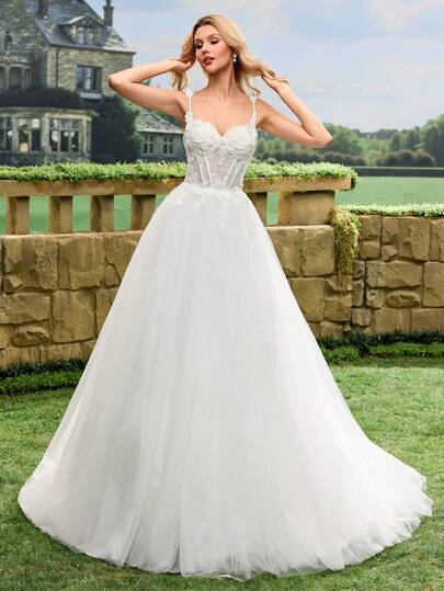 Váy cưới voan mỏng lãng mạn, dây mảnh, ren - Váy cưới thanh lịch