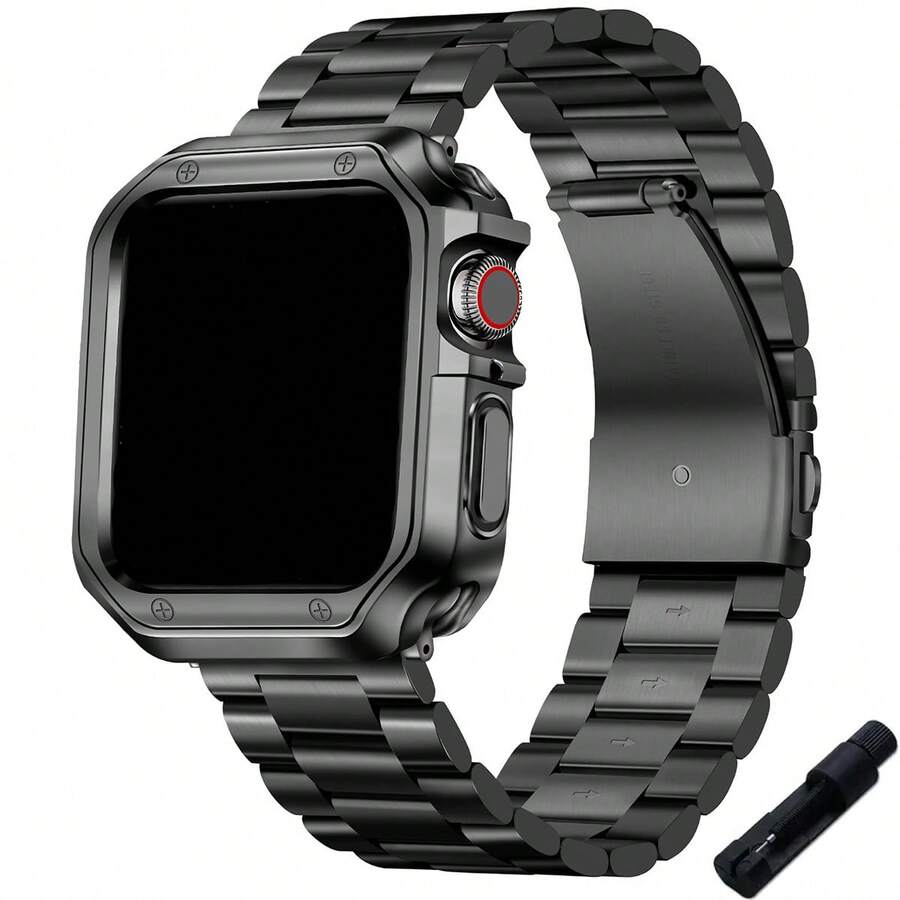 适用于 Ultra/11/10/9/8/7/SE/6/5/4/3 的不锈钢表带搭配 TPU 坚固保护壳，金属表带带防震保护套，适用于 49mm、46mm、45mm、44mm、42mm、41mm、40mm 和 38mm 表盘，奢华商务表带，附赠安装工具，男女通用