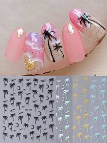 2/4pcs Summer & Spring Coconut Tree Nail Stickers, Beach Nail Design, 3D Black Gold Silver Laser Coconut Tree Pattern Nail Art Decals, DIY Self-Adhesive Nail Decorations - Multicolor - View 2