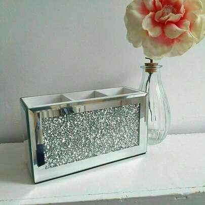 Biznest Makeup Brush Holder Organiser Crushed Diamond Jewel Mirror Beauty Box Makeup Brush Cup Container Storage Case, 3 Compartments Make Up Brushes Holder White