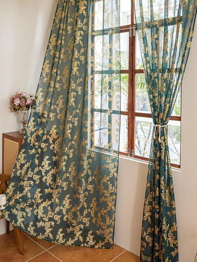 1pc Soft, Lightweight, Semi-Transparent Bohemian Style Floral Pattern High-End Olive Green Sheer Curtain, Bedroom/Living Room Round Hole Design, Portable Semi-Transparent Durable Golden Flower Decor Sheer Curtain