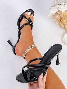 Dép lê cao gót mũi tròn quai chéo cho nữ, màu đen, thích hợp cho mùa hè. - màu đen - Xem 2