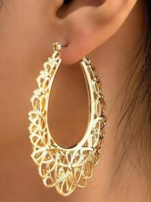 Boucles d'oreilles créoles florales ajourées plaquées or 14 carats, fabriquées en fer, style bohème minimaliste, convenant pour toutes les saisons - Boucles d'oreilles ajourées - Voir 2