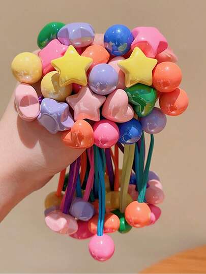 10/20个/套 女孩可爱发圈，珍珠、爱心、花朵和星星图案，高弹双股设计，不伤头发，适合日常佩戴，可固定马尾辫，甜美配饰