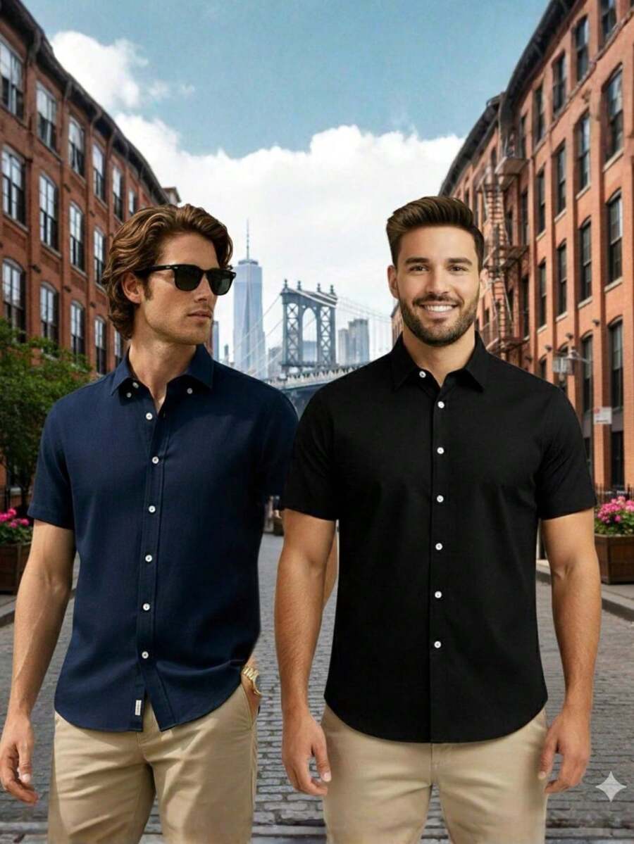 Men's Slim Fit Shirt Kit With Italian Collar (2 Units) - Navy Blue - View 1