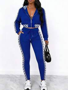 1pc Women's Casual Elegant Blue Mandarin Collar 2-Piece Set With Drawstring, Fashionable & Comfortable - Blue - View 4