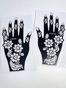 2 Pcs Gorgeous Floral Mehndi Tattoo Stencils, Featuring 3D Flowers And Scroll Patterns For An Exotic Retro Style, Ideal For Henna Art, Parties And Exotic Looks,Adding A Delicate Exotic Vibe And Details To Your Hands - Black - View 7