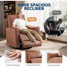 Silla reclinable giratoria para adultos, silla de cuero PU de asiento profundo con cojín de peluche 1.5X, capacidad de 350LB, 135 ° reclinable cómodo balanceador de planador para sala de estar y dormitorio - marrón - Ver 6