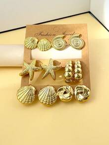 Set de 2-10 piezas de aretes casuales con diseño asimétrico de estrella de mar y concha, adecuado para fiesta, regalo, playa, cumpleaños, uso diario - Dorado - Ver 2