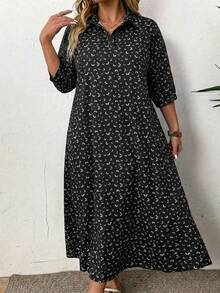 Floral Print Umbrella Collar Plus Size Dress With Flounce Sleeves, Elegant Lightweight Dress Suitable For Festivals, Parties, Afternoon Tea, Spring/Summer Occasions Vacation - Black - View 3