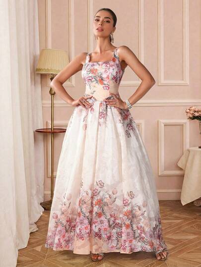 优雅无袖梭织面料伴娘礼服，印花长款，适合特殊场合