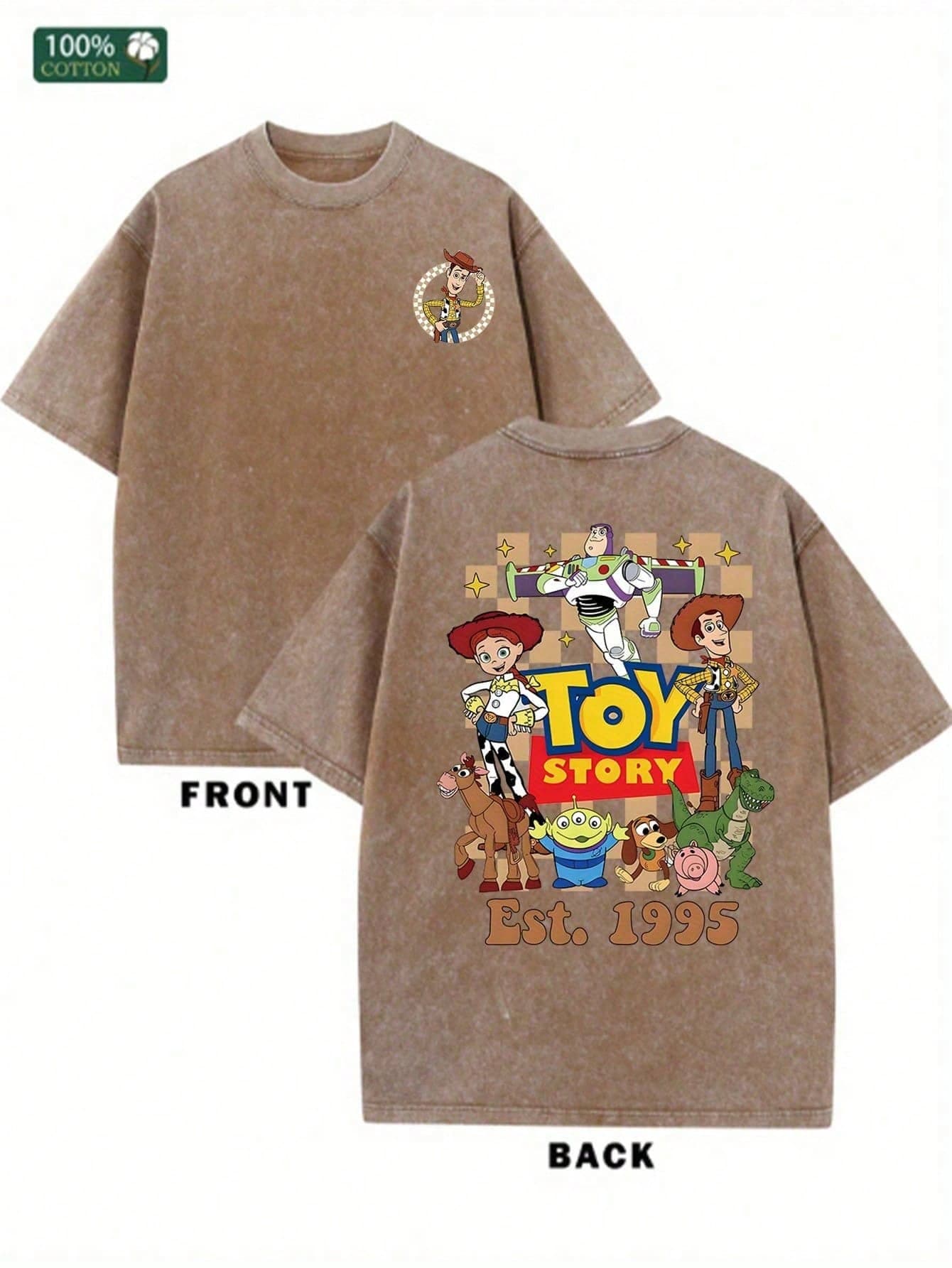 Disney Toy Story Retro Washed T-Shirts-Official Woody And Buzz Lightyear Loose Casual Shirts-Unisex Birthday Party Dresses-Nostalgic 90' S Pixar Movie Commemorative Gifts-Theme Design-Print-Resistant Series-Couples' Clothing, Summer T-Shirts, Holiday Gifts. - Kaki - Voir 1