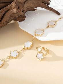 Bộ 1 vòng tay và 1 nhẫn mặt dây chuyền hình cỏ ba lá thanh lịch, thích hợp cho các buổi hẹn hò, dã ngoại mùa hè, kỳ nghỉ biển, tiệc tùng, ngày lễ, quà tặng trang sức. - trắng - Xem 3