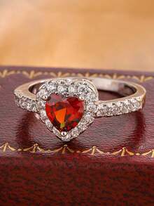 经典红色心形几何戒指，情人节或派对送给女性的珠宝礼物 - 紅色 - 查看 3