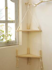 1pc Beige Bohemian Style Triangle Corner Hanging Wall Shelf, Layered Floating Display Rack, Rustic Minimalist Design With Tassel Details, Space-Saving Storage Organizer Suitable For Living Room, Bedroom, Bathroom, Kitchen, Apartment, Dorm, Plant Display, Bookshelf, Home Decor - Beige - View 7