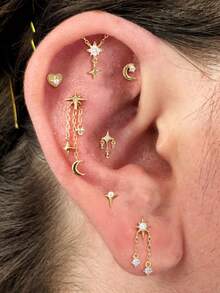 SereneSpark 1件925纯银浪漫星月立方氧化锆耳钉，平底耳骨耳廓穿孔精美首饰，适合女性日常佩戴、派对、婚礼和宴会等场合。 - 金色 - 查看 10