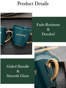 Ceramic Coffee Mug & Tea Cup Set, Gilded Asymmetrical Shape, Personalized For Home, Office, Couples Gift, Birthday Gift - Dark Green - View 6