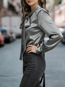 1pc Women's Casual Elegant Luxurious Solid Satin Bow Design Blouse, Suitable For Daily Outings, Commuting, Evening Dates, Women's Spring/Summer Shirt - Grey - View 4