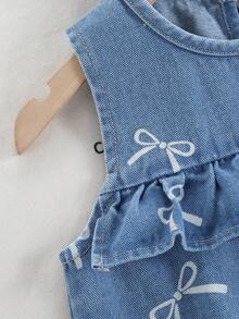 1pc Girls Casual Outdoor Vacation Summer Butterfly Print Round Neck Ruffle Hem Cute Sleeveless Denim Dress - Medium Wash - View 6