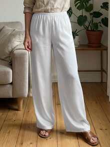 Pantalones para Mujer Marrón Sólidos, Cintura Elástica y Pierna Ancha Larga, Elegantes para Uso Casual y Fin de Semana en Verano - beige - Ver 8