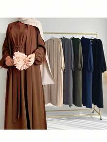 1 Set de Camiseta sin mangas + Abaya abierta, Hecho de tela de gasa arrugada amigable con la piel, transpirable, adecuado para el uso diario de mujeres musulmanas, aplicable para primavera, verano y otoño - Multicolor - Ver 8