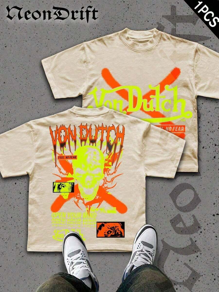 SummerNeonDrift Street Double-Sided Printing Cotton T-Shirt 100% Cotton Fabric Unisex Style-Men T Shirt Skull Graphic Print Neon Yellow Orange Cross Design Streetwear Fashion Casual Wear For Urban Style Fans Hip Hop Look Breathable 100 Cotton Comfortable FitLoose And Comfortablesummer Clothes - 奶油 - 查看 1