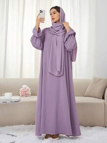 1pc Soft Dress With Attached Hijab, Floral Sleeve Design, Classic Versatile Abaya Spring - Multicolor - View 32