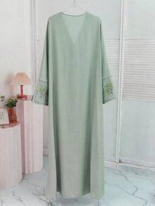 1PC Women's Open Front Kaftan – Mint Green Long Sleeve Maxi Dress With Palm Tree Embroidery On Cuffs, V-Neck Loose Fit Cover-Up In Lightweight Woven Fabric, Elegant Modest Clothing For Summer Beach & Daily Wear - Lime Green - View 5