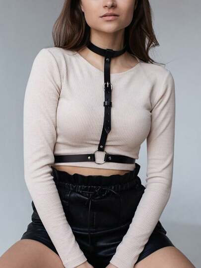 1pc Women's Black Sexy PU Leather Bustier Waist Belt, Streetwear Body Harness Suitable For Commute, Holidays, Parties, Halloween, Christmas Outfit Accessory