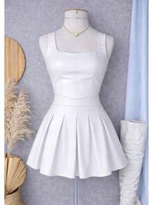 Conjunto Feminino Couro PU Cropped + Saia Rodada Cintura Alta Moda Blogueira  Festa  Casual  elegante    Couro PU    Plissado  Zíper    Saia  Noite  Formal e Noturno  Namorando  Férias    Outono  Inverno - Branco - Visão 5
