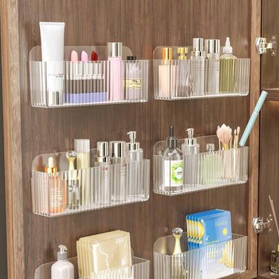 1/3pcs Wall-Mounted No-Drill Adhesive Multi- Storage Shelf With Transparent Shelves - Heavy-Duty Plastic Shelving Unit Suitable, Bathroom, Office, Door & Wall Organization - Space-Saving Installation Shelves