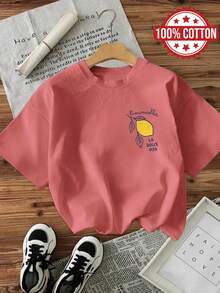 女士純色圓領短袖T卹,超寬鬆上衣,100%棉質上衣,柔軟舒適,日常休閒,街頭服飾,趣味清新檸檬圖案印花,top,verano,tops mujer,camisetas mujer,blusas de mujer,jersey,sudaderas de mujer,ropa mujer,blusas de mujer elegantes,verano mujer,ropa verano mujer,deporte,tops verano,primavera mujer,camisetas de gym mujer,camisetas básicas,camisetas manga corta mujer,primavera verano,romwe,festival outfit mujer,Y2K,秋冬趣味T卹,vabecation, beach,casual,90年代戶外服裝, tops. women,outfits，西瓜紅色上衣 - 西瓜紅 - 查看 2