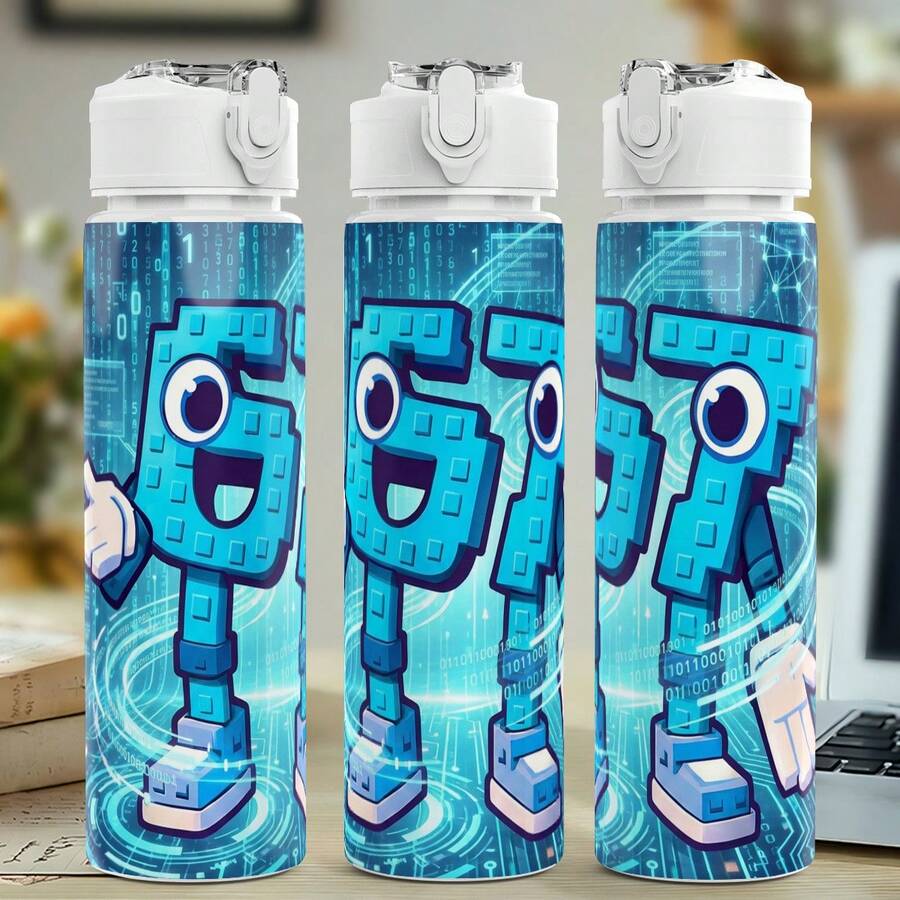 1个粉色67号印花750毫升/26盎司塑料运动水瓶，可爱印花，防漏弹出式瓶盖，轻便、坚固、耐用、大容量、可重复使用。 - 白色 - 查看 1