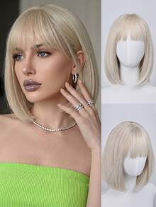 12 Inch Golden Bobo Wig For Women - With Bangs, Realistic Hairline, High-Quality Synthetic Hair | Everyday/Party Styling - Gold - View 11