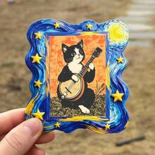 Ímã de geladeira com moldura de madeira para foto - Gato preto e branco tocando violão, decoração para casa! - Tamanho Único - Ver 8