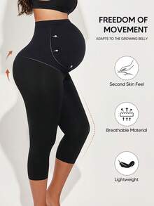 Maternity Abdominal Support Capri High Waist Full-Length Leggings With Expandable Belly Panel - Black - View 3