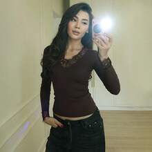 Autumn New Lace Trim V-Neck Long Sleeve Fitted Tee, Sexy Style Spring - Coffee Brown - View 5